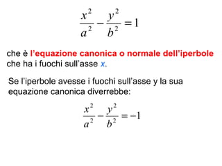 12
2
2
2
=−
b
y
a
x
che è l’equazione canonica o normale dell’iperbole
che ha i fuochi sull’asse x.
Se l’iperbole avesse i fuochi sull’asse y la sua
equazione canonica diverrebbe:
12
2
2
2
−=−
b
y
a
x
 