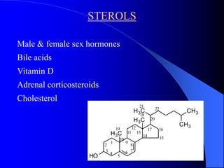 STEROLS 
Male & female sex hormones 
Bile acids 
Vitamin D 
Adrenal corticosteroids 
Cholesterol 
HO 
H3C 
21 
22 
H3C CH3 
18 
H3C 
CH3 
1 
2 
3 
4 
5 
8 
9 
6 7 
10 
11 
12 
13 
17 16 
14 15 
19 
20 
 