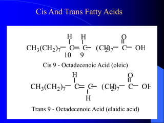 Cis And Trans Fatty Acids 
O 
H H 
CH3(CH2)7 C C (CH2)7 C OH 
10 9 
Cis 9 - Octadecenoic Acid (oleic) 
O 
H 
CH3(CH2)7 C C (CH2)7 C OH 
H 
Trans 9 - Octadecenoic Acid (elaidic acid) 
 