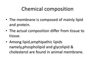 Chemical composition
• The membrane is composed of mainly lipid
and protein.
• The actual composition differ from tissue to
tissue.
• Among lipid,amphipathic lipids
namely,phospholipid and glycolipid &
cholesterol are found in animal membrane.
 