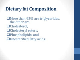 Dietary fat Composition
More than 95% are triglycerides,
 the other are
Cholesterol,
Cholesteryl esters,
Phospholipids...