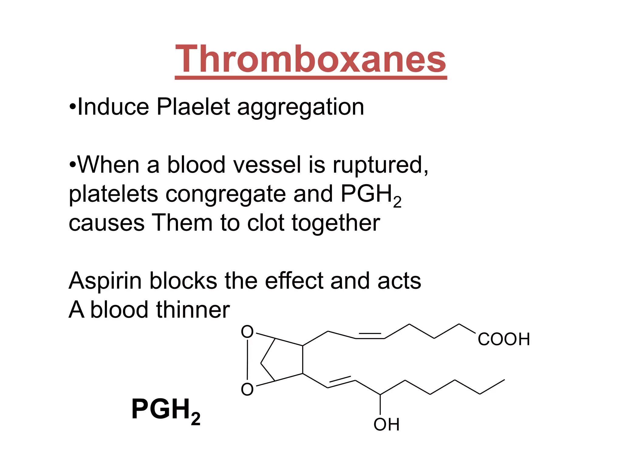 Thromboxanes
O
O
OH
COOH
•Induce Plaelet aggregation
•When a blood vessel is ruptured,
platelets congregate and PGH2
causes Them to clot together
Aspirin blocks the effect and acts
A blood thinner
PGH2
 