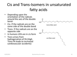 Cis and Trans-Isomers in unsaturated
fatty acids
• Depending upon the
orientation of the radicals
around the axis of the double
bond-
• Cis- If the radicals are on the
same side of the double bond
• Trans- If the radicals are on the
opposite side
• In humans UFA are in cis form
• Trans arises from
hydrogenation of FA (High
Trans FA leads to increased
cardiovascular accidents)
6/29/2012 Biochemistry for medics 25
 