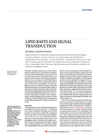 REVIEWS




                              LIPID RAFTS AND SIGNAL
                              TRANSDUCTION
                              Kai Simons*‡ and Derek Toomre‡
                              Signal transduction is initiated by complex protein–protein interactions between ligands,
                              receptors and kinases, to name only a few. It is now becoming clear that lipid micro-
                              environments on the cell surface — known as lipid rafts — also take part in this process. Lipid
                              rafts containing a given set of proteins can change their size and composition in response to
                              intra- or extracellular stimuli. This favours specific protein–protein interactions, resulting in the
                              activation of signalling cascades.

EXOPLASMIC LEAFLET           The Singer–Nicholson fluid mosiac concept is still the          lesterol5, but its characterization is still incomplete. It is
Lipid layer facing the       textbook model of how the cell membrane is organized.           also not clear how the inner leaflet is coupled to the outer
extracellular space.         It proposes that the lipid bilayer functions as a neutral       leaflet. One possibility is that long fatty acids of sphin-
                             two-dimensional solvent, having little influence on             golipids in the outer leaflet couple the exoplasmic and
                             membrane protein function. But biophysicists find that          cytoplasmic leaflets by interdigitation. Transmembrane
                             lipids exist in several phases in model lipid bilayers,         proteins could also stabilize this coupling. The mem-
                             including gel, liquid-ordered and liquid-disordered             brane surrounding lipid rafts is more fluid, as it consists
                             states, in order of increasing fluidity1. In the gel state      mostly of phospholipids with unsaturated, and therefore
                             lipids are semi-frozen, whereas at the other extreme, the       kinked, fatty acyl chains and cholesterol. In other words,
                             liquid-disordered state, the whole lipid bilayer is fluid, as   lipid rafts form distinct liquid-ordered phases in the lipid
                             proposed by the Singer–Nicholson model. In the liquid-          bilayer, dispersed in a liquid-disordered matrix of unsat-
                             ordered phase, phospholipids with saturated hydrocar-           urated glycerolipids1,6. The raft concept has long been
                             bon chains pack tightly with cholesterol (BOX 1) but nev-       controversial, largely because it has been difficult to
                             ertheless remain mobile in the plane of the membrane2.          prove definitively that rafts exist in living cells. But recent
                             Despite a detailed biophysical characterization of model        studies with improved methodology have dispelled most
                             membranes, it has been difficult to show that lipids exist      of these doubts (BOX 2).
                             in these different phases in the complex environment of             One of the most important properties of lipid rafts is
                             the cell.                                                       that they can include or exclude proteins to variable
                                                                                             extents. Proteins with raft affinity include glycosylphos-
*Max Planck Institute for
                             Lipid rafts                                                     phatidylinositol (GPI)-anchored proteins1,7, doubly acy-
Molecular Cell Biology and   A turning point came when the lipid raft hypothesis was         lated proteins, such as Src-family kinases or the α-sub-
Genetics,                    formulated more than ten years ago1,3,4. It originated          units of heterotrimeric G proteins8, cholesterol-linked
Pfotenhauerstrasse 110, D-   from studies on epithelial cell polarity, and its central       and palmitoylated proteins such as Hedgehog9, and
01307 Dresden, Germany.      postulate was the existence of lipid rafts, consisting of       transmembrane proteins, particularly palmitoylated
‡Cell Biology/Biophysics
Programme, European          dynamic assemblies of cholesterol and sphingolipids             ones1. GPI-anchored proteins or proteins that carry
Molecular Biology            (BOX 1), in the EXOPLASMIC LEAFLET of the bilayer. The pre-     hydrophobic modifications probably partition into rafts
Laboratory (EMBL),           ponderance of saturated hydrocarbon chains in cell              owing to preferential packing of their saturated mem-
Meyerhofstrasse 1, D-69117   sphingolipids allows for cholesterol to be tightly interca-     brane anchors. It is not yet clear why some transmem-
Heidelberg, Germany.
Correspondence to K.S.
                             lated, similar to the organization of the liquid-ordered        brane proteins are included into rafts, but mutational
e-mail: Simons@EMBL-         state in model membranes. The inner leaflet is probably         analysis has shown that amino acids in the transmem-
Heidelberg.de                rich in phospholipids with saturated fatty acids and cho-       brane domains near the exoplasmic leaflet are critical10.


NATURE REVIEWS | MOLECUL AR CELL BIOLOGY                                                                               VOLUME 1 | OCTOBER 2000 | 3 1
                                                                        © 2000 Macmillan Magazines Ltd
 