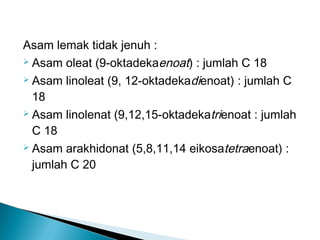 Asam lemak tidak jenuh :
 Asam oleat (9-oktadekaenoat) : jumlah C 18

 Asam linoleat (9, 12-oktadekadienoat) : jumlah C

  18
 Asam linolenat (9,12,15-oktadekatrienoat : jumlah

  C 18
 Asam arakhidonat (5,8,11,14 eikosatetraenoat) :

  jumlah C 20
 