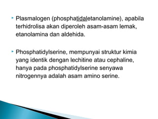    Plasmalogen (phosphatidaletanolamine), apabila
    terhidrolisa akan diperoleh asam-asam lemak,
    etanolamina dan aldehida.

   Phosphatidylserine, mempunyai struktur kimia
    yang identik dengan lechitine atau cephaline,
    hanya pada phosphatidylserine senyawa
    nitrogennya adalah asam amino serine.
 