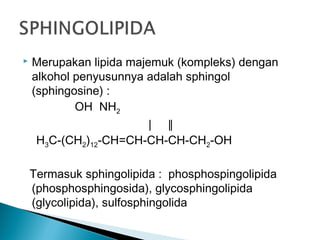    Merupakan lipida majemuk (kompleks) dengan
    alkohol penyusunnya adalah sphingol
    (sphingosine) :
            OH NH2
                         ∣ ∥
     H3C-(CH2)12-CH=CH-CH-CH-CH2-OH

    Termasuk sphingolipida : phosphospingolipida
    (phosphosphingosida), glycosphingolipida
    (glycolipida), sulfosphingolida
 