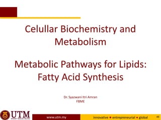 www.utm.my innovative ● entrepreneurial ● global 49
Celullar Biochemistry and
Metabolism
Metabolic Pathways for Lipids:
Fatty Acid Synthesis
Dr. Syazwani Itri Amran
FBME
 