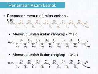 • Menurut jumlah ikatan rangkap - C18:0
H3C
C
H2
C
H2
C
H2
C
H2
C
H2
C
H2
C
H2
C
H2
C
H2
C
H2
C
H2
C
H2
C
H2
C
H2
C
H2
C
H2
C
O
OH
H3C
C
H2
C
H2
C
H2
C
H2
C
H2
C
H2
C
H2
C
H
C
H
C
H2
C
H2
C
H2
C
H2
C
H2
C
H2
C
H2
C
O
OH
• Menurut jumlah ikatan rangkap - C18:1
Penamaan Asam Lemak
• Penamaan menurut jumlah carbon -
C18
 