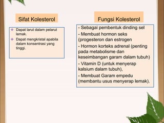 Sifat Kolesterol
Dapat larut dalam pelarut
lemak.
Dapat mengkristal apabila
dalam konsentrasi yang
tinggi.
Fungsi Kolesterol
- Sebagai pembentuk dinding sel
- Membuat hormon seks
(progesteron dan estrogen
- Hormon korteks adrenal (penting
pada metabolisme dan
keseimbangan garam dalam tubuh)
- Vitamin D (untuk menyerap
kalsium dalam tubuh),
- Membuat Garam empedu
(membantu usus menyerap lemak).
 