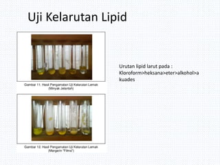 Uji Kelarutan Lipid
Urutan lipid larut pada :
Kloroform>heksana>eter>alkohol>a
kuades
 