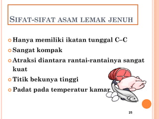 25
SIFAT-SIFAT ASAM LEMAK JENUH
 Hanya memiliki ikatan tunggal C–C
 Sangat kompak
 Atraksi diantara rantai-rantainya sangat
kuat
 Titik bekunya tinggi
 Padat pada temperatur kamar
 