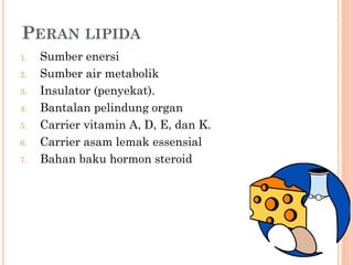 PERAN LIPIDA
1. Sumber enersi
2. Sumber air metabolik
3. Insulator (penyekat).
4. Bantalan pelindung organ
5. Carrier vitamin A, D, E, dan K.
6. Carrier asam lemak essensial
7. Bahan baku hormon steroid
 