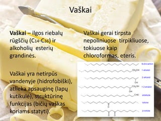 Vaškai
Vaškai – ilgos riebalų
rūgščių (C14-C36) ir
alkoholių esterių
grandinės.
Vaškai yra netirpūs
vandenyje (hidrofobiški),
atlieka apsauginę (lapų
kutikulė), struktūrinę
funkcijas (bičių vaškas
koriams statyti).
Vaškai gerai tirpsta
nepoliniuose tirpikliuose,
tokiuose kaip
chloroformas, eteris.
 