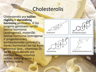 Cholesterolis
Cholesterolis yra tulžies
rūgščių ir steroidinių
hormonų pirmtakas. Iš šio
junginio gaminami vyriški
lytiniai hormonai
(androgenai), moteriški
lytiniai hormonai (estrogenai
ir progesteronas),
kortikosteroidai (antinksčių
žievės hormonai) bei kai kurie
vitaminai (pvz., vitaminas D).
Be to, cholesterolis yra
svarbus nervų sistemos
veiklai, kadangi įeina į
mielino sudėtį.
 