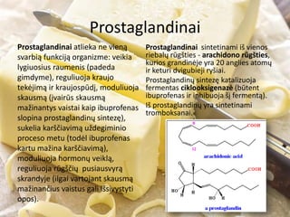 Prostaglandinai
Prostaglandinai atlieka ne vieną
svarbią funkciją organizme: veikia
lygiuosius raumenis (padeda
gimdyme), reguliuoja kraujo
tekėjimą ir kraujospūdį, moduliuoja
skausmą (įvairūs skausmą
mažinantys vaistai kaip ibuprofenas
slopina prostaglandinų sintezę),
sukelia karščiavimą uždegiminio
proceso metu (todėl ibuprofenas
kartu mažina karščiavimą),
moduliuoja hormonų veiklą,
reguliuoja rūgščių pusiausvyrą
skrandyje (ilgai vartojant skausmą
mažinančius vaistus gali išsivystyti
opos).
Prostaglandinai sintetinami iš vienos
riebalų rūgšties - arachidono rūgšties,
kurios grandinėje yra 20 anglies atomų
ir keturi dvigubieji ryšiai.
Prostaglandinų sintezę katalizuoja
fermentas ciklooksigenazė (būtent
ibuprofenas ir inhibuoja šį fermentą).
Iš prostaglandinų yra sintetinami
tromboksanai.
 