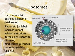 Liposomos
Liposomos – tai
pūslelės iš lipidinio
dvisluoksnio.
Šiuo metu jos labai
svarbios kuriant
vaistus, nes būtent
įterpus juos į liposomų
pūsleles,
medikamentai lengvai
pasiekia ląsteles-
taikinius.
 