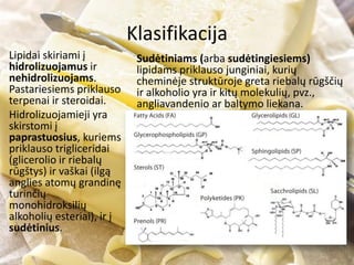 Klasifikacija
Lipidai skiriami į
hidrolizuojamus ir
nehidrolizuojams.
Pastariesiems priklauso
terpenai ir steroidai.
Hidrolizuojamieji yra
skirstomi į
paprastuosius, kuriems
priklauso trigliceridai
(glicerolio ir riebalų
rūgštys) ir vaškai (ilgą
anglies atomų grandinę
turinčių
monohidroksilių
alkoholių esteriai), ir į
sudėtinius.
Sudėtiniams (arba sudėtingiesiems)
lipidams priklauso junginiai, kurių
cheminėje struktūroje greta riebalų rūgščių
ir alkoholio yra ir kitų molekulių, pvz.,
angliavandenio ar baltymo liekana.
 