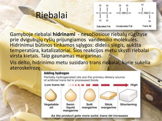 Riebalai
Gamyboje riebalai hidrinami - nesočiosiose riebalų rūgštyse
prie dvigubųjų ryšių prijungiamos vandenilio molekulės.
Hidrinimui būtinos tinkamos sąlygos: didelis slėgis, aukšta
temperatūra, katalizatoriai. Šios reakcijos metu skysti riebalai
virsta kietais. Taip gaunamas margarinas.
Vis dėlto, hidrinimo metu susidaro trans riebalai, kurie sukelia
ateroskelrozę.
 