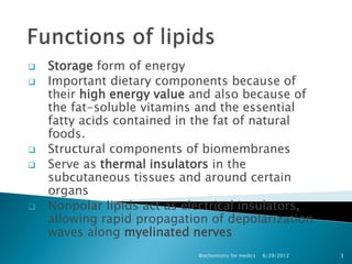    Storage form of energy
   Important dietary components because of
    their high energy value and also because of
    the fat-soluble vitamins and the essential
    fatty acids contained in the fat of natural
    foods.
   Structural components of biomembranes
   Serve as thermal insulators in the
    subcutaneous tissues and around certain
    organs
   Nonpolar lipids act as electrical insulators,
    allowing rapid propagation of depolarization
    waves along myelinated nerves
                             Biochemistry for medics   6/29/2012   3
 