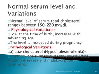 Normal  level of serum total cholesterol
ranges between 150-220 mg/dL
 Physiological variations-
Low at the time of birth, increases with
advancing age.
The level is increased during pregnancy
Pathological Variations-
a) Low cholesterol (Hypocholesterolemia)-
Thyrotoxicosis, anemia, hemolytic jaundice,
wasting diseases and malabsorption
syndrome.
                         Biochemistry for medics   6/29/2012   36
 
