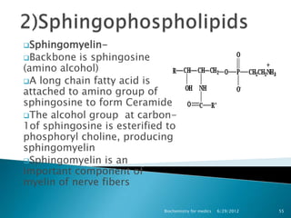 Sphingomyelin-
Backbone  is sphingosine
(amino alcohol)
A long chain fatty acid is
attached to amino group of
sphingosine to form Ceramide
The alcohol group at carbon-
1of sphingosine is esterified to
phosphoryl choline, producing
sphingomyelin
Sphingomyelin is an
important component of
myelin of nerve fibers

                             Biochemistry for medics   6/29/2012   55
 