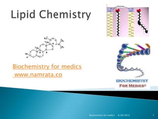 Biochemistry for medics
 www.namrata.co




                          Biochemistry for medics   6/29/2012   1
 