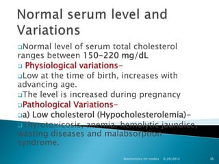 Normal  level of serum total cholesterol
ranges between 150-220 mg/dL
 Physiological variations-
Low at the time of bir...