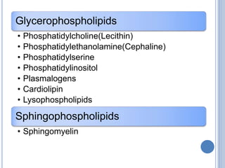 Glycerophospholipids
• Phosphatidylcholine(Lecithin)
• Phosphatidylethanolamine(Cephaline)
• Phosphatidylserine
• Phosphatidylinositol
• Plasmalogens
• Cardiolipin
• Lysophospholipids
Sphingophospholipids
• Sphingomyelin
 