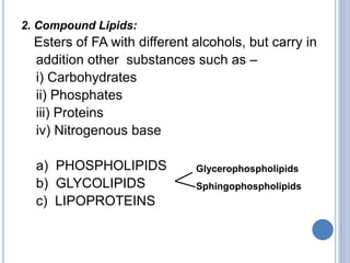 2. Compound Lipids:
Esters of FA with different alcohols, but carry in
addition other substances such as –
i) Carbohydrates
ii) Phosphates
iii) Proteins
iv) Nitrogenous base
a) PHOSPHOLIPIDS
b) GLYCOLIPIDS
c) LIPOPROTEINS
Glycerophospholipids
Sphingophospholipids
 