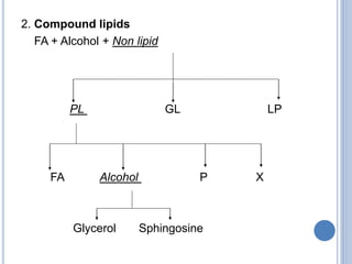 2. Compound lipids
FA + Alcohol + Non lipid
PL GL LP
FA Alcohol P X
Glycerol Sphingosine
 