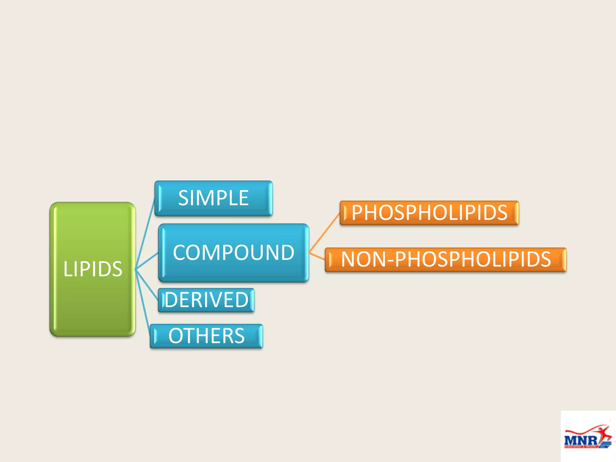 LIPIDS
SIMPLE
COMPOUND
PHOSPHOLIPIDS
NON-PHOSPHOLIPIDS
DERIVED
OTHERS
 