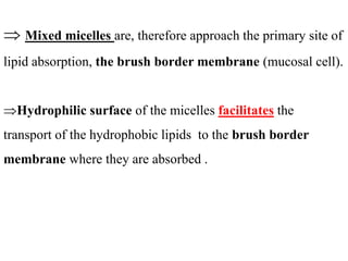  Mixed micelles are, therefore approach the primary site of
lipid absorption, the brush border membrane (mucosal cell).
Hydrophilic surface of the micelles facilitates the
transport of the hydrophobic lipids to the brush border
membrane where they are absorbed .
 