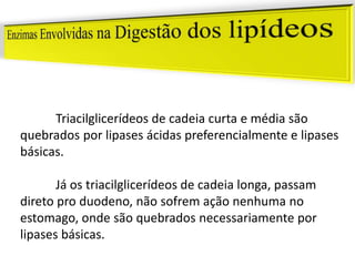 Triacilglicerídeos de cadeia curta e média são
quebrados por lipases ácidas preferencialmente e lipases
básicas.
Já os triacilglicerídeos de cadeia longa, passam
direto pro duodeno, não sofrem ação nenhuma no
estomago, onde são quebrados necessariamente por
lipases básicas.
 