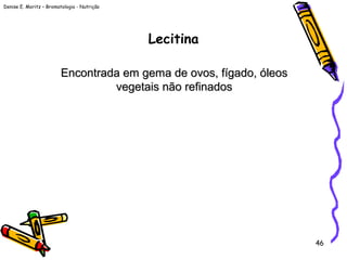 Denise E. Moritz – Bromatologia - Nutrição
46
Lecitina
Encontrada em gema de ovos, fígado, óleosEncontrada em gema de ovos, fígado, óleos
vegetais não refinadosvegetais não refinados
 