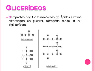 GLICERÍDEOS
 Compostos por 1 a 3 moléculas de Ácidos Graxos
esterificado ao glicerol, formando mono, di ou
triglicerídeos.
 