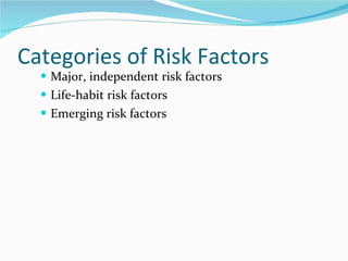Categories of Risk Factors Major, independent risk factors Life-habit risk factors Emerging risk factors 
