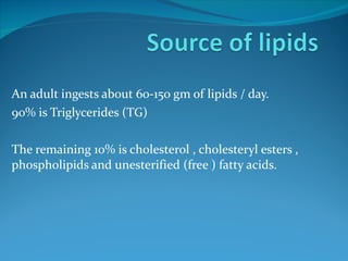 An adult ingests about 60-150 gm of lipids / day. 90% is Triglycerides (TG) The remaining 10% is cholesterol , cholesteryl esters , phospholipids and unesterified (free ) fatty acids. 