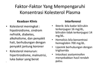 Faktor-Faktor Yang Mempengaruhi
Konsentrasi Kolesterol Plasma
Keadaan Klinis
• Kolesterol meningkat :
hipotiroidisme, sindrom
nefrotik, diabetes,
alkoholisme, dan penyakit
hati, berhubungan dengan
penyakit jantung koroner
• Kolesterol menurun:
hipertiroidisme, malnutrisi,
luka bakar yang berat
•
Interferensi
• Ikterik: bila kadar bilirubin
terkonjugasi 16 mg/dL,
bilirubin tidak terkonjugasi 14
mg/dL.
• Hemolisis bila konsentrasi
hemoglobin 700 mg/dL.
• Lipemik berhubungan dengan
trigliserida
• Intosikasi asetaminofen
menyebabkan hasil rendah
palsu.
 