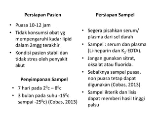 Persiapan Pasien
• Puasa 10-12 jam
• Tidak konsumsi obat yg
mempengaruhi kadar lipid
dalam 2mgg terakhir
• Kondisi pasien stabil dan
tidak stres oleh penyakit
akut
Persiapan Sampel
• Segera pisahkan serum/
plasma dari sel darah
• Sampel : serum dan plasma
(Li-heparin dan K2-EDTA).
• Jangan gunakan sitrat,
oksalat atau fluorida.
• Sebaiknya sampel puasa,
non puasa tetap dapat
digunakan (Cobas, 2013)
• Sampel ikterik dan lisis
dapat memberi hasil tinggi
palsu
Penyimpanan Sampel
• 7 hari pada 20c – 80c
• 3 bulan pada suhu -150c
sampai -250c) (Cobas, 2013)
 
