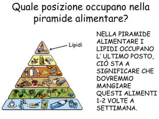 NELLA PIRAMIDE
ALIMENTARE I
LIPIDI OCCUPANO
L’ ULTIMO POSTO,
CIÒ STA A
SIGNIFICARE CHE
DOVREMMO
MANGIARE
QUESTI ALIMENTI
1-2 VOLTE A
SETTIMANA.
Lipidi
 