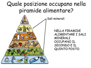 NELLA PIRAMIDE
ALIMENTARE I SALI
MINERALI
OCCUPANO IL
SECONDO E IL
QUINTO POSTO.
Sali minerali
 