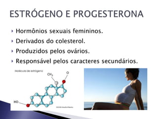 Hormônios sexuais femininos. Derivados do colesterol. Produzidos pelos ovários. Responsável pelos caracteres secundários. 