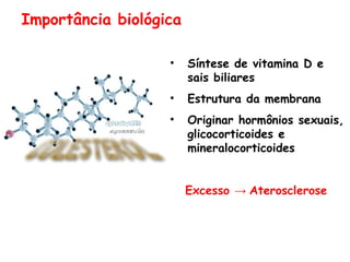 Importância biológica

                   •    Síntese de vitamina D e
                        sais biliares
                   •    Estrutura da membrana
                   •    Originar hormônios sexuais,
                        glicocorticoides e
                        mineralocorticoides


                        Excesso → Aterosclerose
 