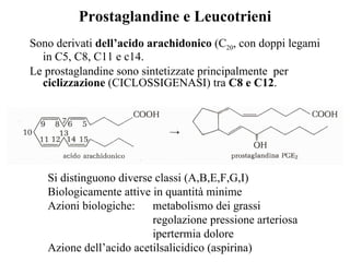 Prostaglandine e Leucotrieni Sono derivati  dell’acido arachidonico  (C 20 , con doppi legami in C5, C8, C11 e c14.  Le prostaglandine sono sintetizzate principalmente  per  ciclizzazione  (CICLOSSIGENASI) tra  C8 e C12 .  Si distinguono diverse classi (A,B,E,F,G,I) Biologicamente attive in quantità minime Azioni biologiche: metabolismo dei grassi regolazione pressione arteriosa ipertermia dolore Azione dell’acido acetilsalicidico (aspirina) 