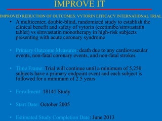 IMPROVE IT

IMPROVED REDUCTION OF OUTCOMES: VYTORIN EFFICACY INTERNATIONAL TRIAL

• A multicenter, double-blind, randomized study to establish the
clinical benefit and safety of vytorin (ezetimibe/simvastatin
tablet) vs simvastatin monotherapy in high-risk subjects
presenting with acute coronary syndrome
• Primary Outcome Measures: death due to any cardiovascular
events, non-fatal coronary events, and non-fatal strokes

• Time Frame: Trial will continue until a minimum of 5,250
subjects have a primary endpoint event and each subject is
followed for a minimum of 2.5 years
• Enrollment: 18141 Study
• Start Date: October 2005
• Estimated Study Completion Date: June 2013

 