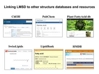 Plant FattyAcid db
Linking LMSD to other structure databases and resources
PubChem
ChEBI
SwissLipids HMDB
LipidBank
 
