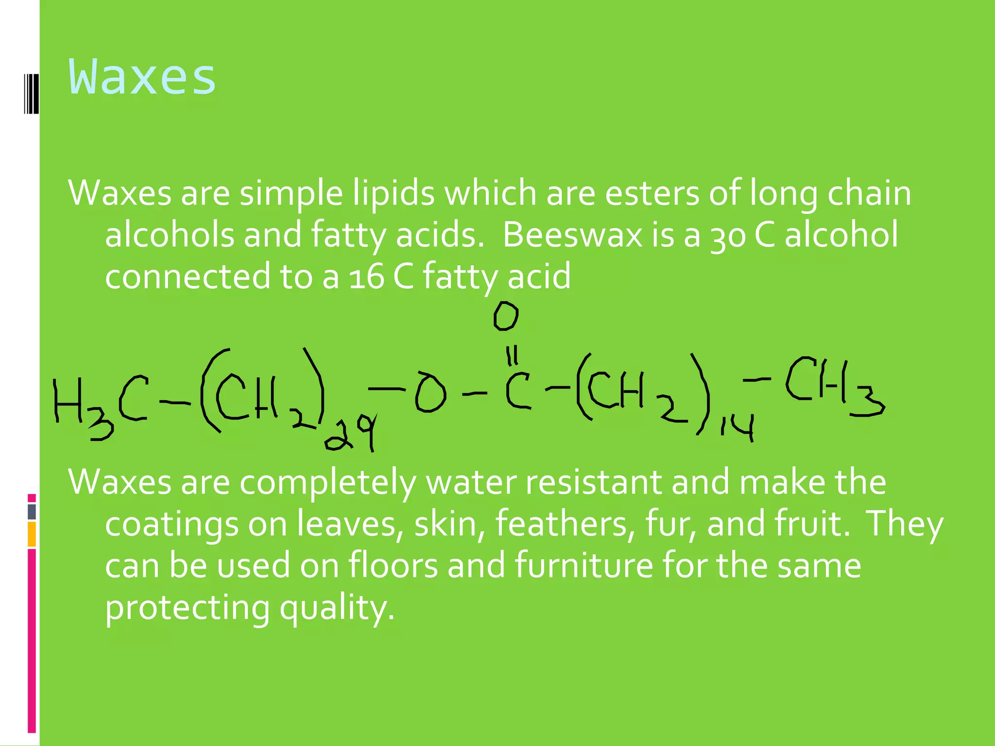Waxes
Waxes are simple lipids which are esters of long chain
alcohols and fatty acids. Beeswax is a 30 C alcohol
connected to a 16 C fatty acid

Waxes are completely water resistant and make the
coatings on leaves, skin, feathers, fur, and fruit. They
can be used on floors and furniture for the same
protecting quality.

 