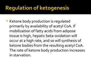 Ketone body production is regulated primarily by availability of acetyl CoA. If mobilization of fatty acids from adipose tissue is high, hepatic beta-oxidation will occur at a high rate, and so will synthesis of ketone bodies from the resulting acetyl CoA. The rate of ketone body production increases in starvation. 