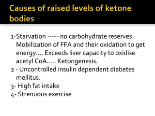 1-Starvation ----- no carbohydrate reserves. Mobilization of FFA and their oxidation to get energy…. Exceeds liver capacity to oxidise acetyl CoA….. Ketongenesis. 2 - Uncontrolled insulin dependent diabetes mellitus. 3- High fat intake 4- Strenuous exercise 